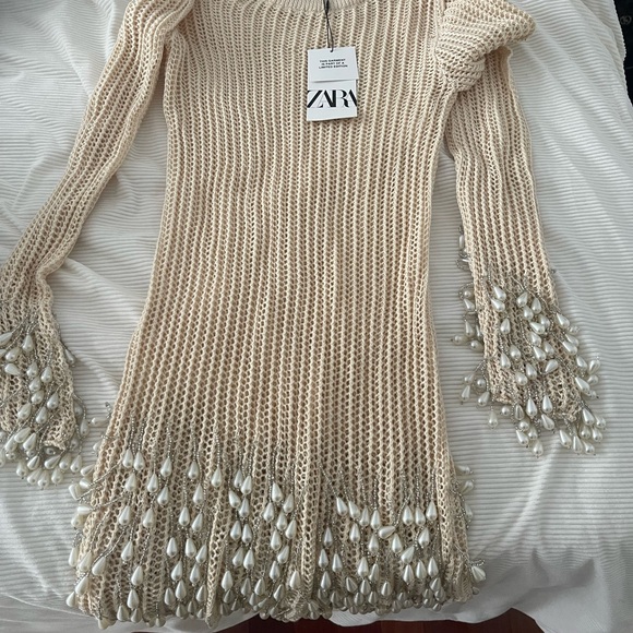 Zara Dresses & Skirts - Zara Beige Knit Mini Dress with Pearl Drop Embellishments